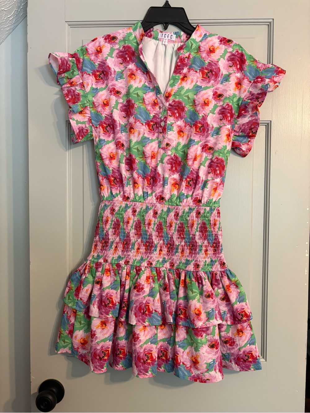 TCEC Medium Floral Smocked Waist Ruffle Mini Dress - Pink & Green